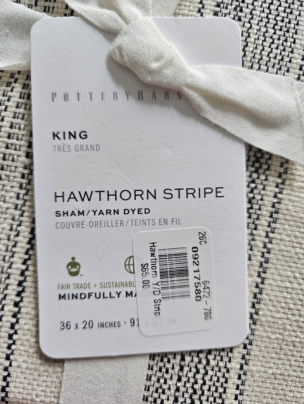 Hawthorn Stripe King Size Shams. Set Of 2 NWT Beige With Charcoal Stripes - Picture 6 of 6